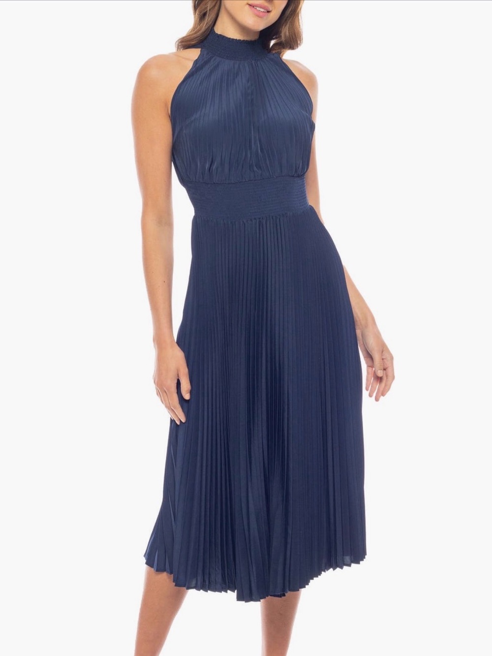 MARINA Navy Pleated Halter Maxi Dress